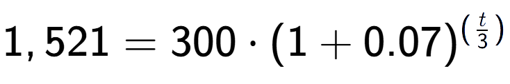 A LaTex expression showing 1,521 =300 times (1+0.07) to the power of (t over 3 )