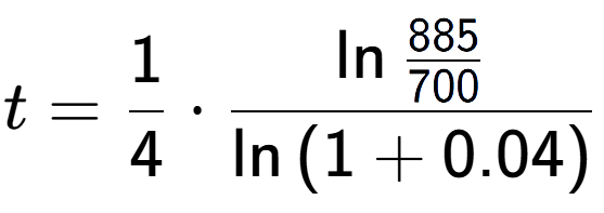 A LaTex expression showing t = 1 over 4 times \ln{\frac{885 over 700 }}{\ln{(1+0.04)}}