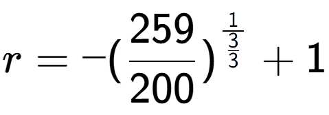 A LaTex expression showing r = -(259 over 200 ) to the power of 1 over \frac{3 {3 } } + 1