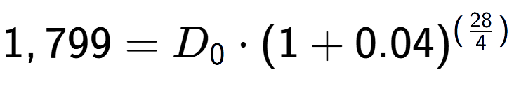 A LaTex expression showing 1,799 =D sub 0 times (1+0.04) to the power of (28 over 4 )