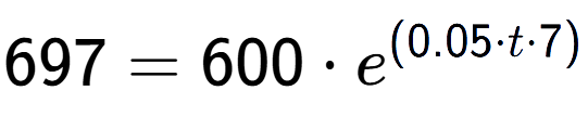 A LaTex expression showing 697 =600 times e to the power of (0.05 times t times 7)