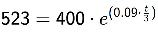 A LaTex expression showing 523 =400 times e to the power of (0.09 times t over 3 )