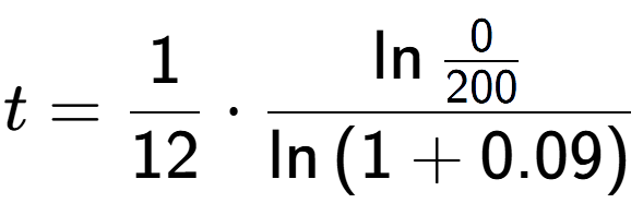 A LaTex expression showing t = 1 over 12 times \ln{\frac{0 over 200 }}{\ln{(1+0.09)}}
