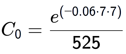 A LaTex expression showing C sub 0 = \frac{e to the power of (-0.06 times 7 times 7) }{525}