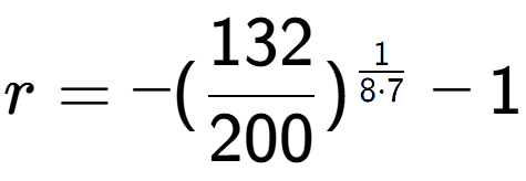 A LaTex expression showing r = -(132 over 200 ) to the power of 1 over 8 times 7 - 1