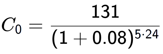 A LaTex expression showing C sub 0 = 131 over (1+0.08) to the power of 5 times 24