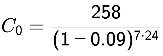 A LaTex expression showing C sub 0 = 258 over (1-0.09) to the power of 7 times 24