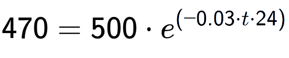 A LaTex expression showing 470 =500 times e to the power of (-0.03 times t times 24)
