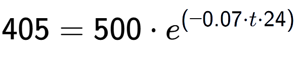 A LaTex expression showing 405 =500 times e to the power of (-0.07 times t times 24)