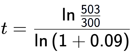 A LaTex expression showing t = \ln{\frac{503 over 300 }}{\ln{(1+0.09)}}