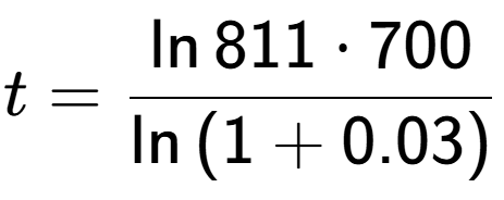 A LaTex expression showing t = \frac{\ln{811 times 700}}{\ln{(1+0.03)}}