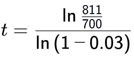 A LaTex expression showing t = \ln{\frac{811 over 700 }}{\ln{(1-0.03)}}