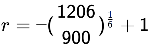 A LaTex expression showing r = -(1206 over 900 ) to the power of 1 over 6 + 1