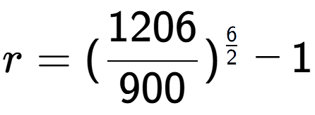 A LaTex expression showing r = (1206 over 900 ) to the power of 6 over 2 - 1