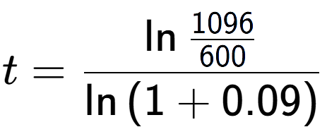 A LaTex expression showing t = \ln{\frac{1096 over 600 }}{\ln{(1+0.09)}}