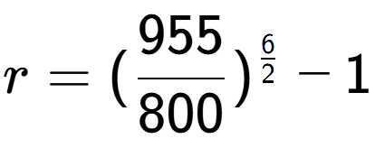 A LaTex expression showing r = (955 over 800 ) to the power of 6 over 2 - 1