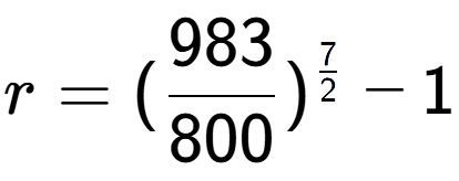 A LaTex expression showing r = (983 over 800 ) to the power of 7 over 2 - 1
