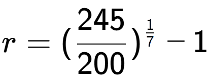 A LaTex expression showing r = (245 over 200 ) to the power of 1 over 7 - 1