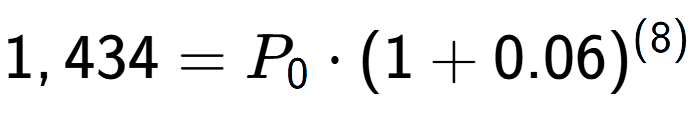 A LaTex expression showing 1,434 =P sub 0 times (1+0.06) to the power of (8)