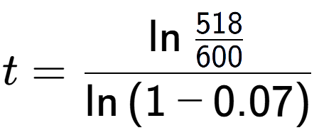 A LaTex expression showing t = \ln{\frac{518 over 600 }}{\ln{(1-0.07)}}