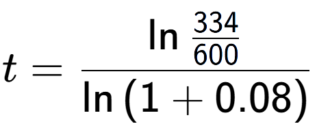 A LaTex expression showing t = \ln{\frac{334 over 600 }}{\ln{(1+0.08)}}