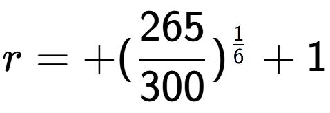 A LaTex expression showing r = +(265 over 300 ) to the power of 1 over 6 + 1