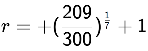 A LaTex expression showing r = +(209 over 300 ) to the power of 1 over 7 + 1
