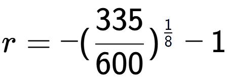 A LaTex expression showing r = -(335 over 600 ) to the power of 1 over 8 - 1