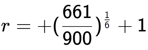 A LaTex expression showing r = +(661 over 900 ) to the power of 1 over 6 + 1