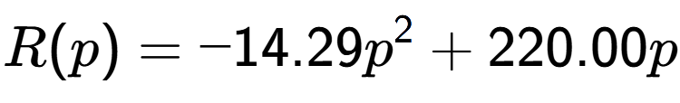 A LaTex expression showing R(p) = -14.29p to the power of 2 + 220.00p