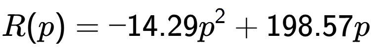 A LaTex expression showing R(p) = -14.29p to the power of 2 + 198.57p