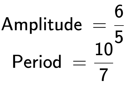 A LaTex expression showing \text{Amplitude } = 6 over 5 \\\text{Period } = 10 over 7 \\