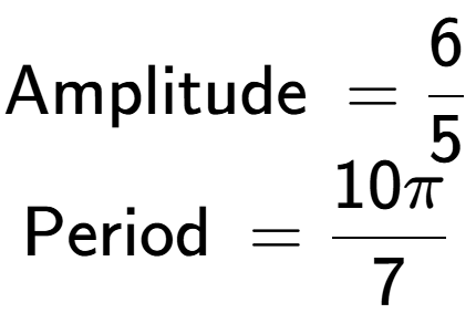 A LaTex expression showing \text{Amplitude } = 6 over 5 \\\text{Period } = 10 Pi over 7 \\
