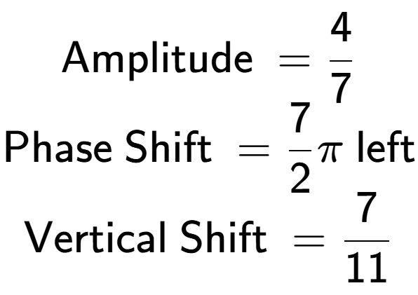 A LaTex expression showing \text{Amplitude } = 4 over 7 \\\text{Phase Shift } = 7 over 2 Pi \text{ left} \\\text{Vertical Shift } = 7 over 11 \\