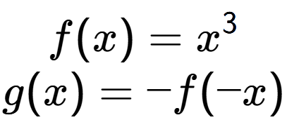 A LaTex expression showing f(x) = x to the power of 3 \\g(x) = - f(-x)