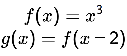 A LaTex expression showing f(x) = x to the power of 3 \\g(x) = f(x- 2)