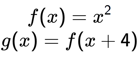 A LaTex expression showing f(x) = x to the power of 2 \\g(x) = f(x+ 4)