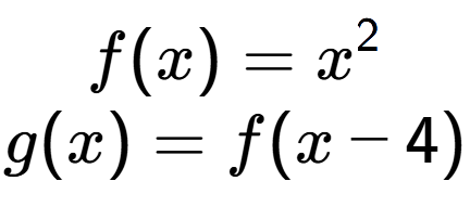 A LaTex expression showing f(x) = x to the power of 2 \\g(x) = f(x- 4)