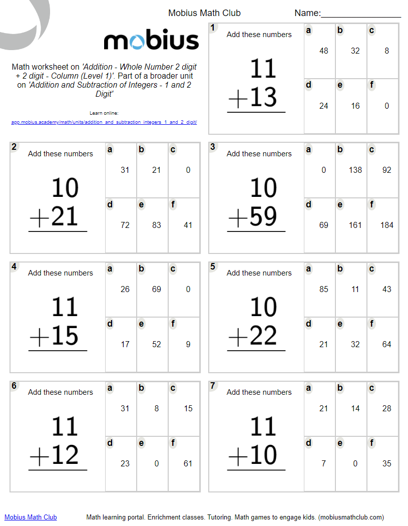 Free Printable Math Worksheet: Addition - Whole Number 2 Digit + 2 ...