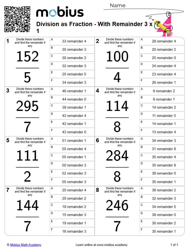 Free Printable Math Worksheet: Division As Fraction - With Remainder 3 X 1 (level 1) - Mobius ...