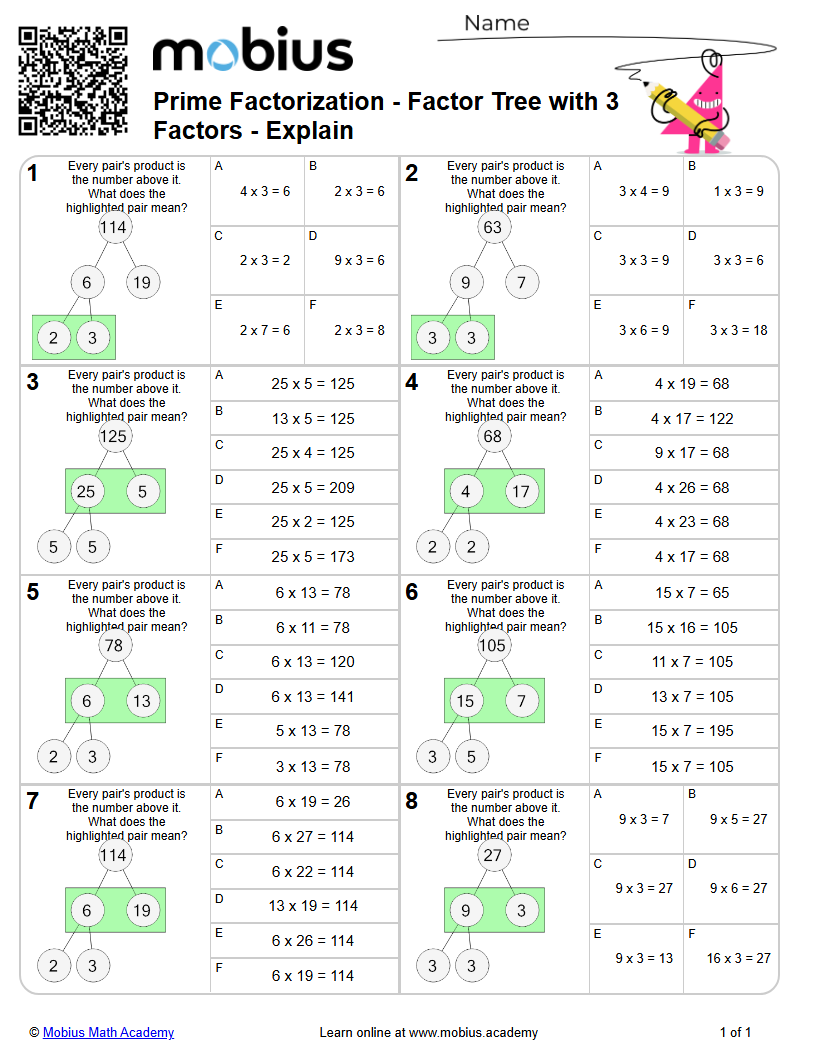 Free Worksheet: Prime Factorization - Factor Tree With 3 Factors ...
