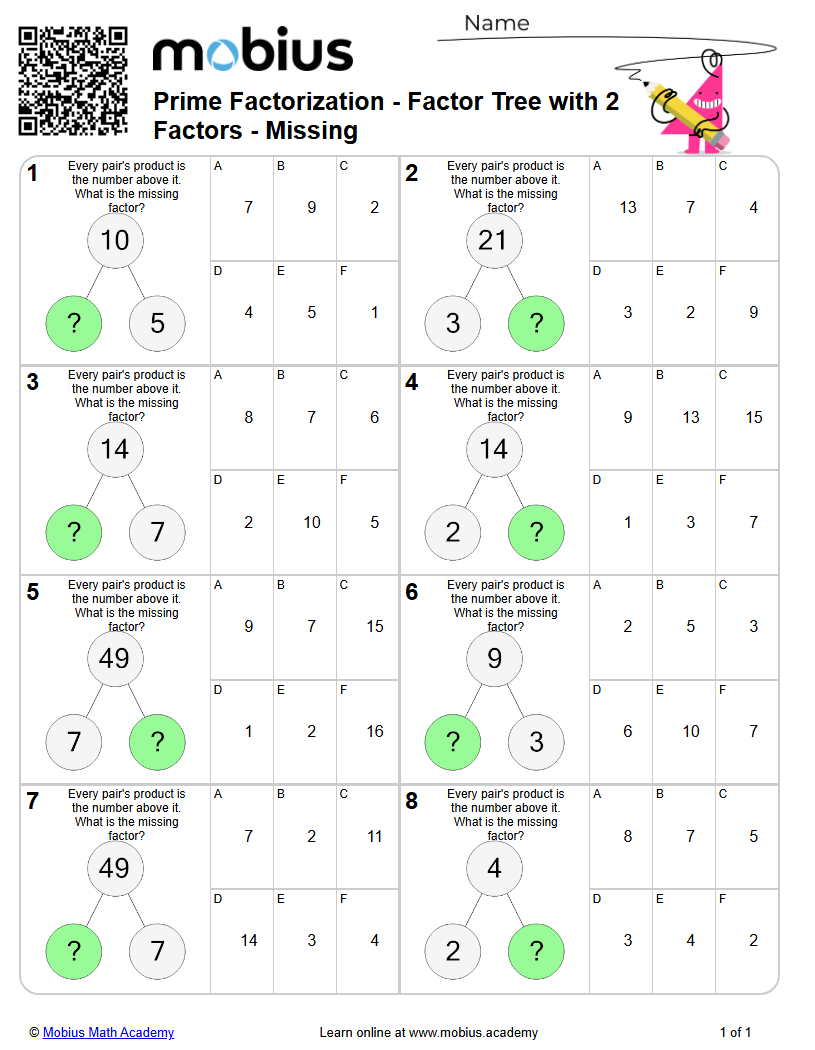 Free Worksheet: Prime Factorization - Factor Tree With 2 Factors ...