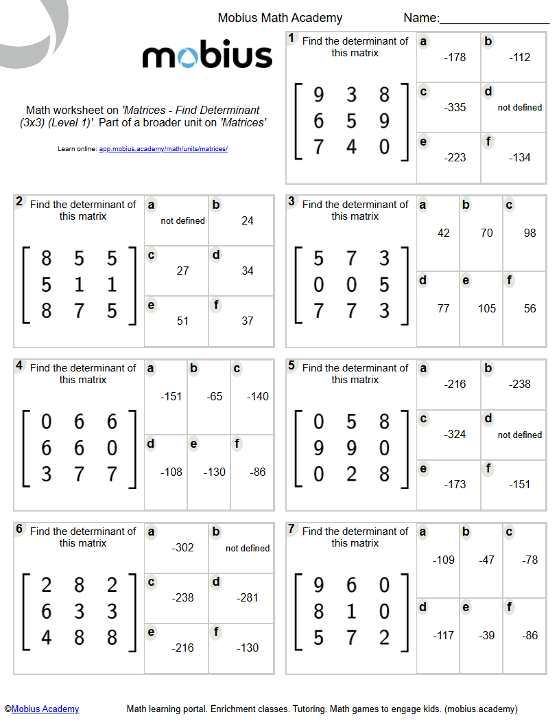 Free Printable Math Worksheet: Matrices Find Determinant (3X3) (level