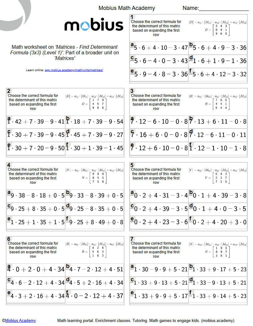 Free Printable Math Worksheet: Matrices Find Determinant Formula (3X3