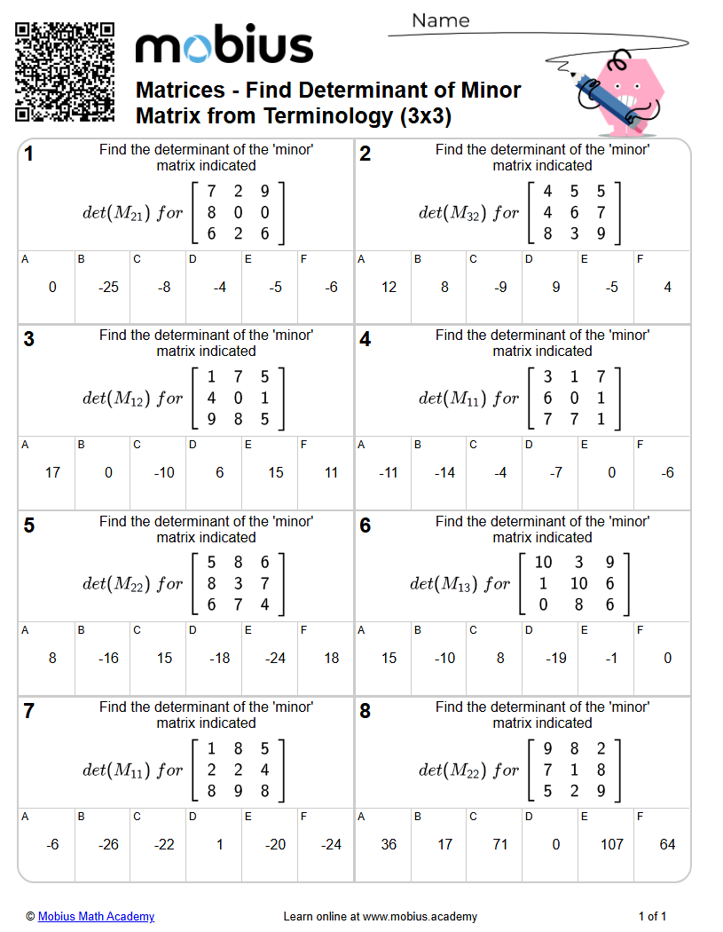 Free Printable Math Worksheet: Matrices Find Determinant Of Minor