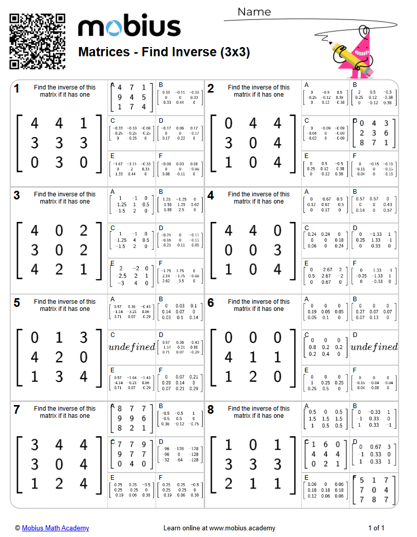 Free Printable Math Worksheet: Matrices - Find Inverse (3X3) (level 1 ...