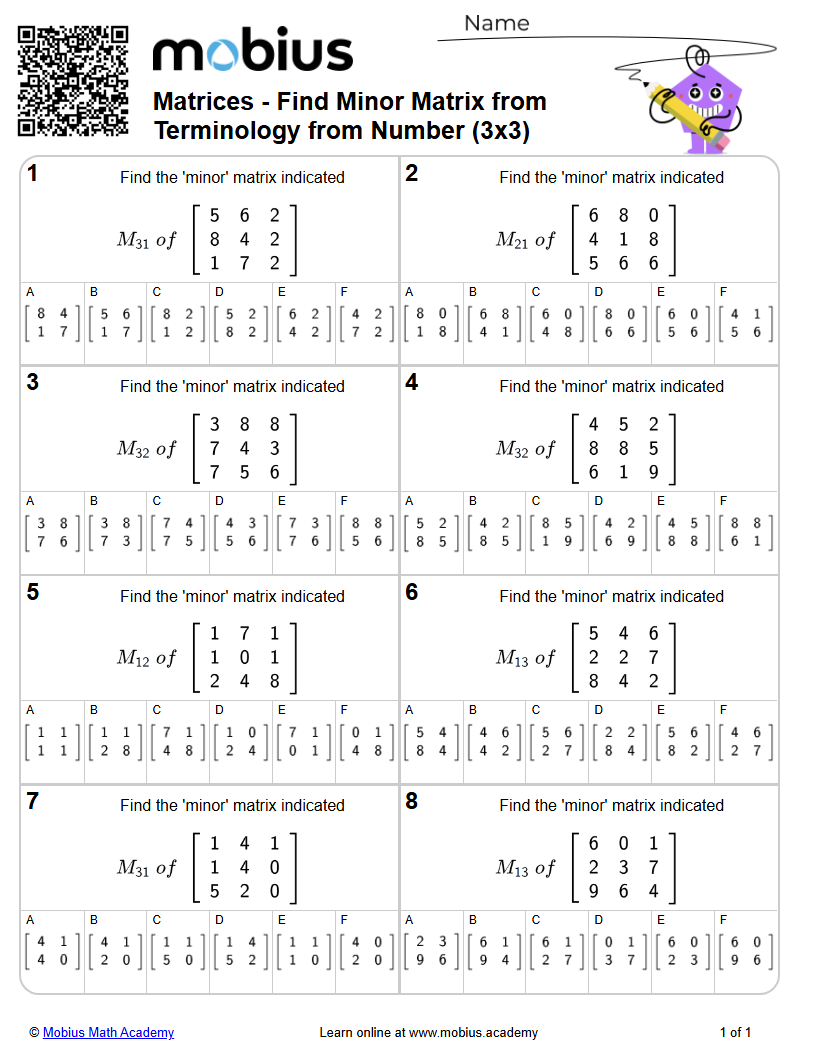 Free Printable Math Worksheet: Matrices - Find Minor Matrix From ...