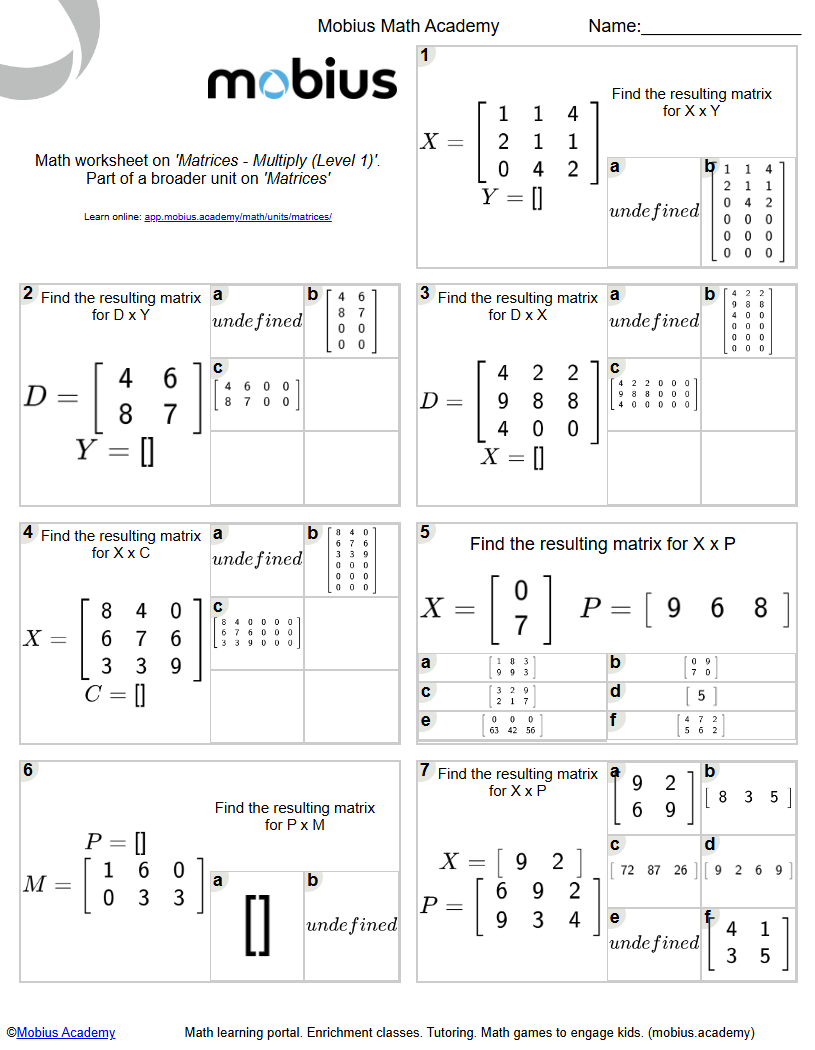 Free Worksheet: Matrices - Multiply (level 1) - Mobius Math Club