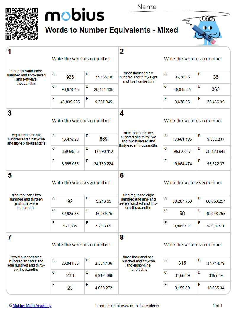 Free Worksheet Words To Number Equivalents Mixed (level 4) Mobius