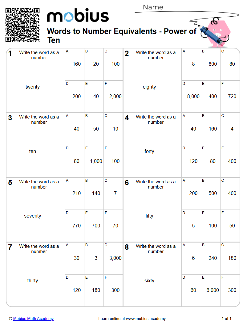 Free Worksheet: Words To Number Equivalents - Power Of Ten (level 1 ...